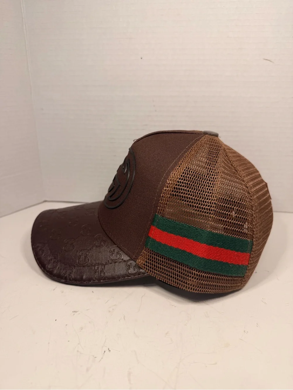 Gucci GG Logo Brown Trucker Cap with Leather Brim